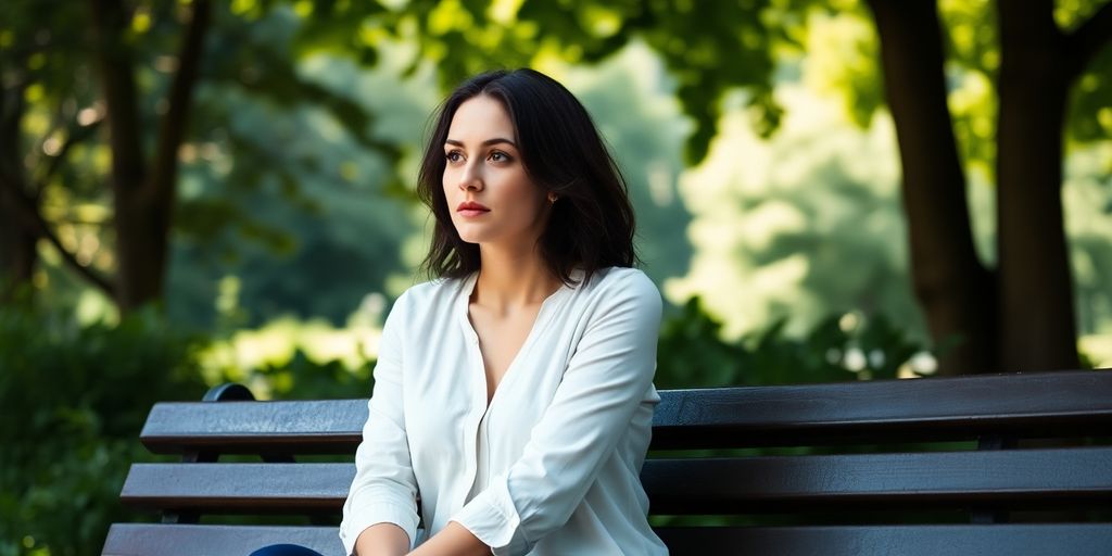 Woman looking thoughtful in a peaceful park setting.
