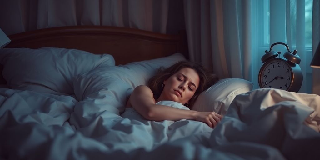 Woman in bed looking stressed at night.