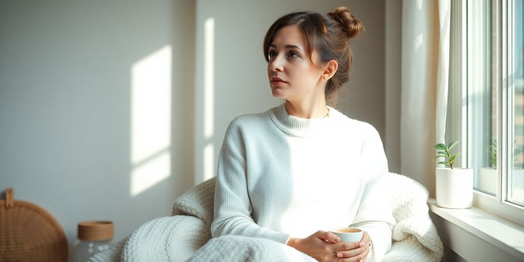 Woman in a cozy room, looking contemplative and serene.